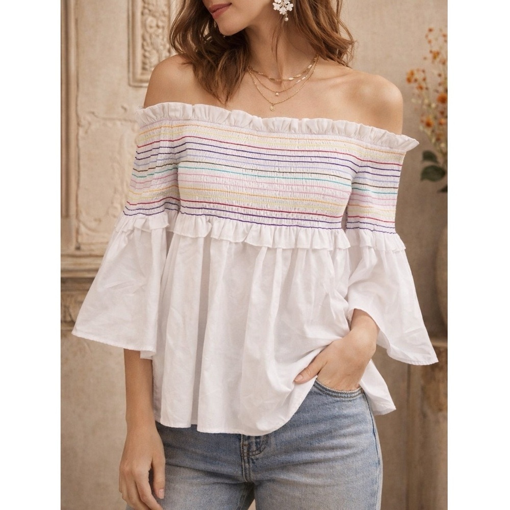 NWT Greysn White Cotton Rainbow Smocked Off Shoulder Peasant Boho Top S